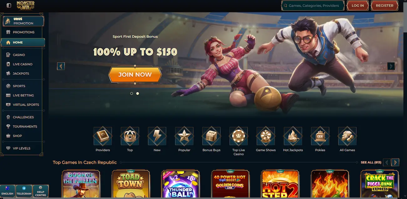 Monsterwin casino lobby screenshot showing pokies, promotions and the sportsbook menu