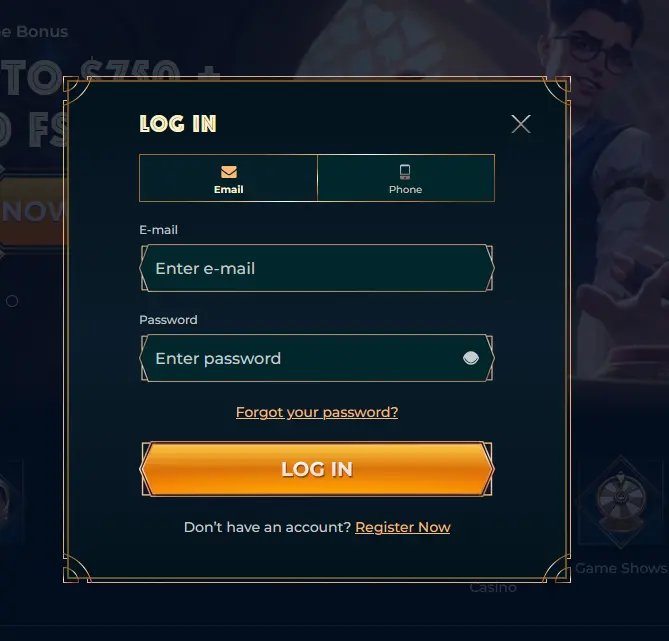 Monsterwin login screen with email and password fields