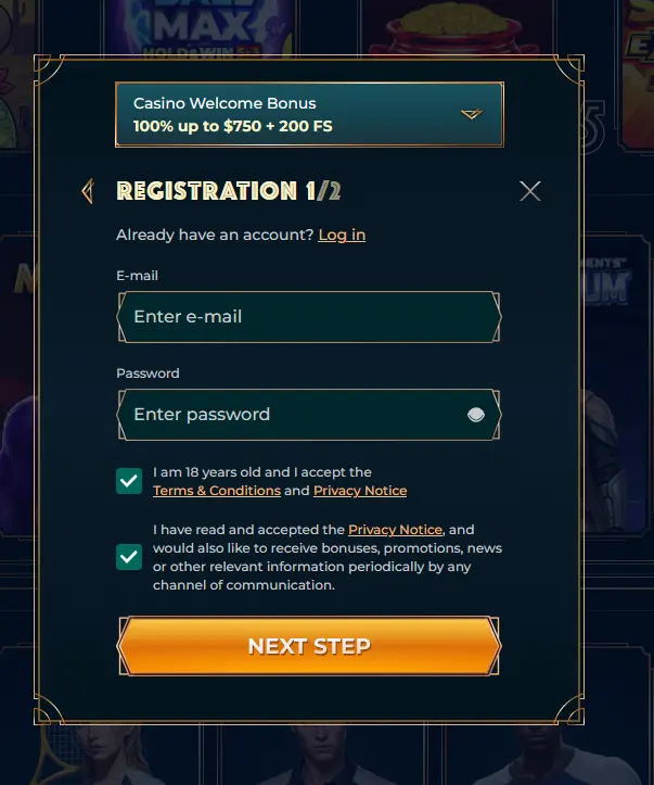 Monsterwin registration form for creating a new Australian player account