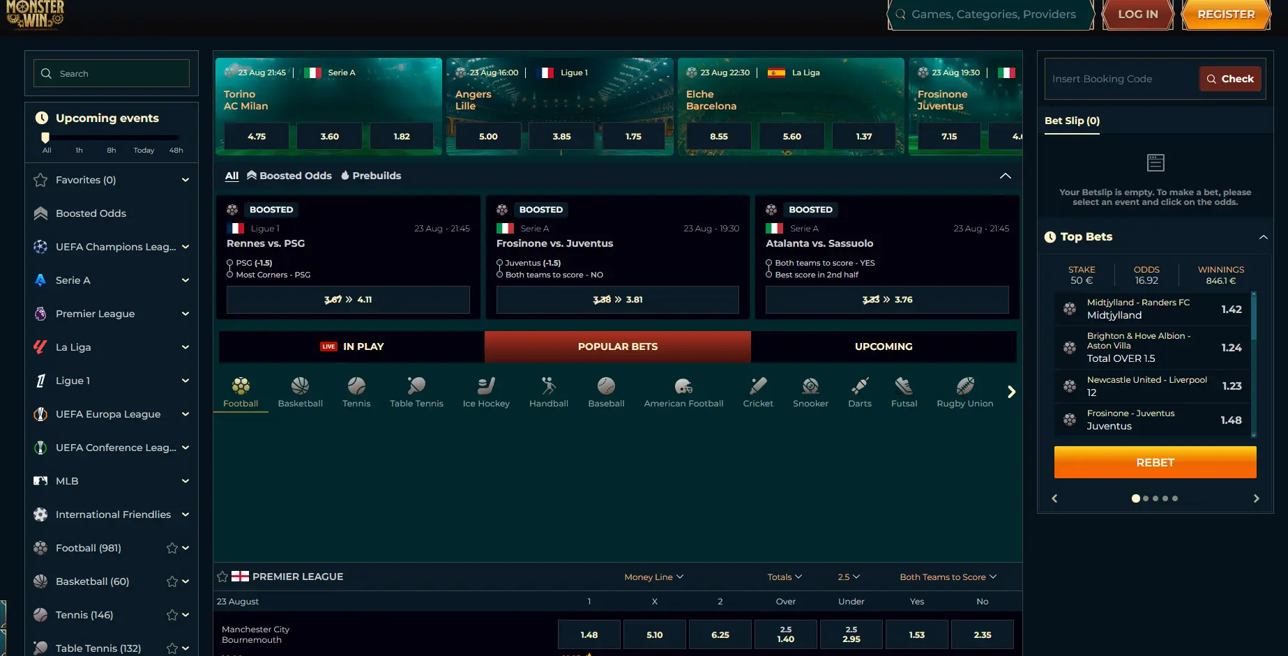 Monsterwin sportsbook screen with football and tennis in-play markets